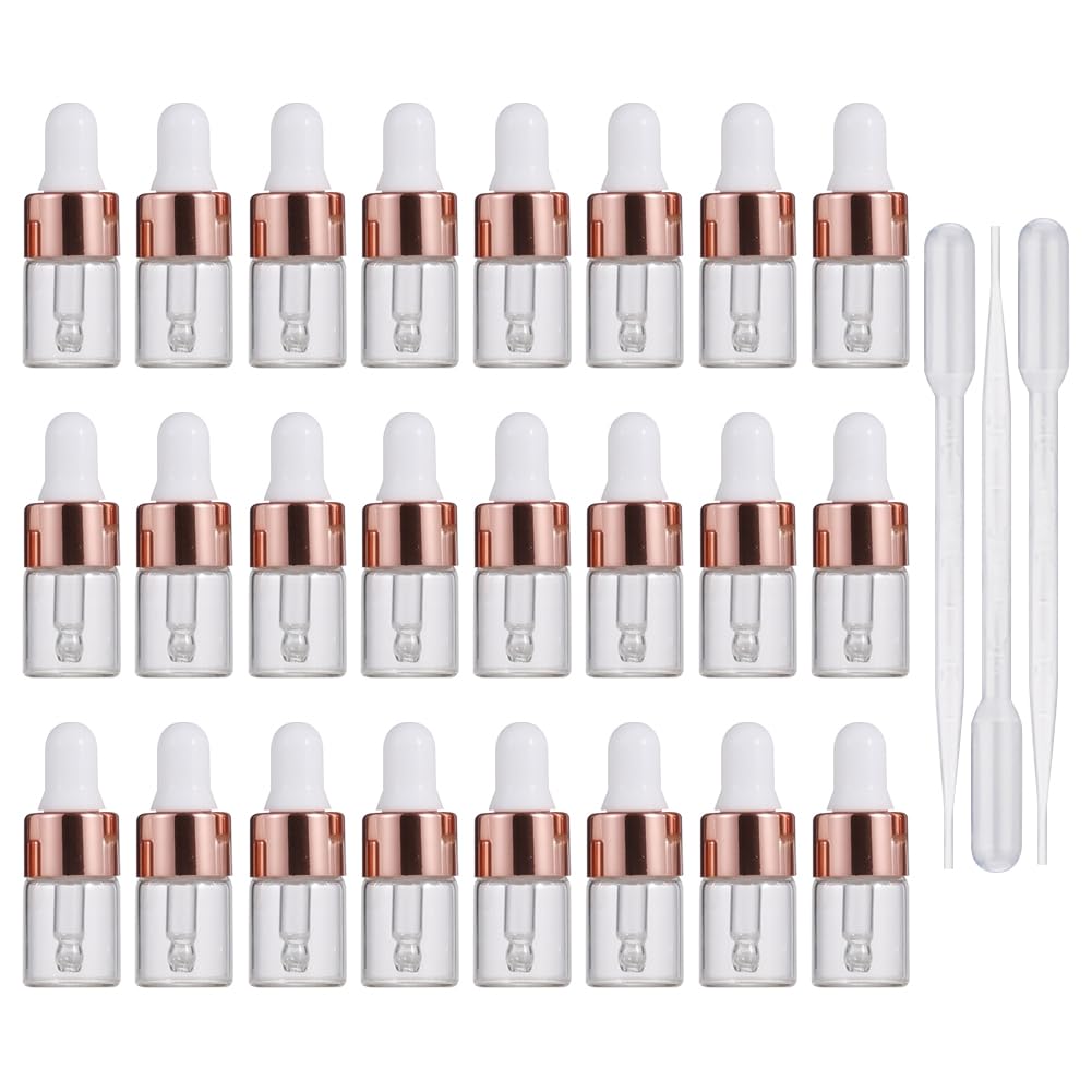 HugeDE 30 Pcs Empty Mini Dropper Bottles Clear Dropper Vials Glass Essential Oil Dropper Bottles Perfume Dropping Bottles Sample Dropper Containers with Rose Golden Lid and 3 Pcs Droppers 2ml