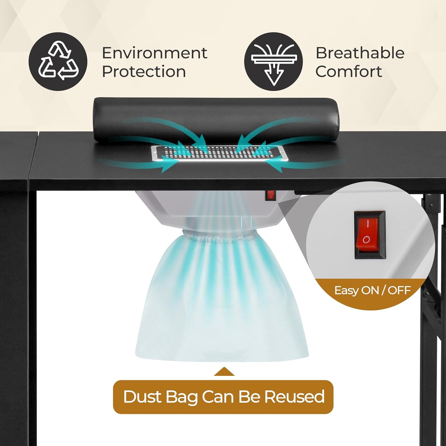 Winado Foldable Manicure Table for Nail Tech, Nail Desk Station Makeup Beauty Salon Storage Acetone Resistant w/Electric Dust Collector, Lockable Wheels, Wrist Cushion, Drawers & Cabinet, Black