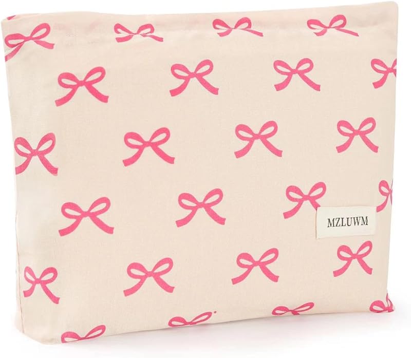 Necessaire de maquiagem floral MZLUWM com laço rosa Pink Bow 01, modelo ZMZ06, 25,91 cm x 17,53 cm x 1,02 cm