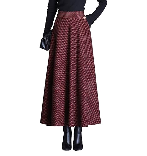 Womens Plaid Wool Long Skirt Vintage High Waist A-line Fall/Winter