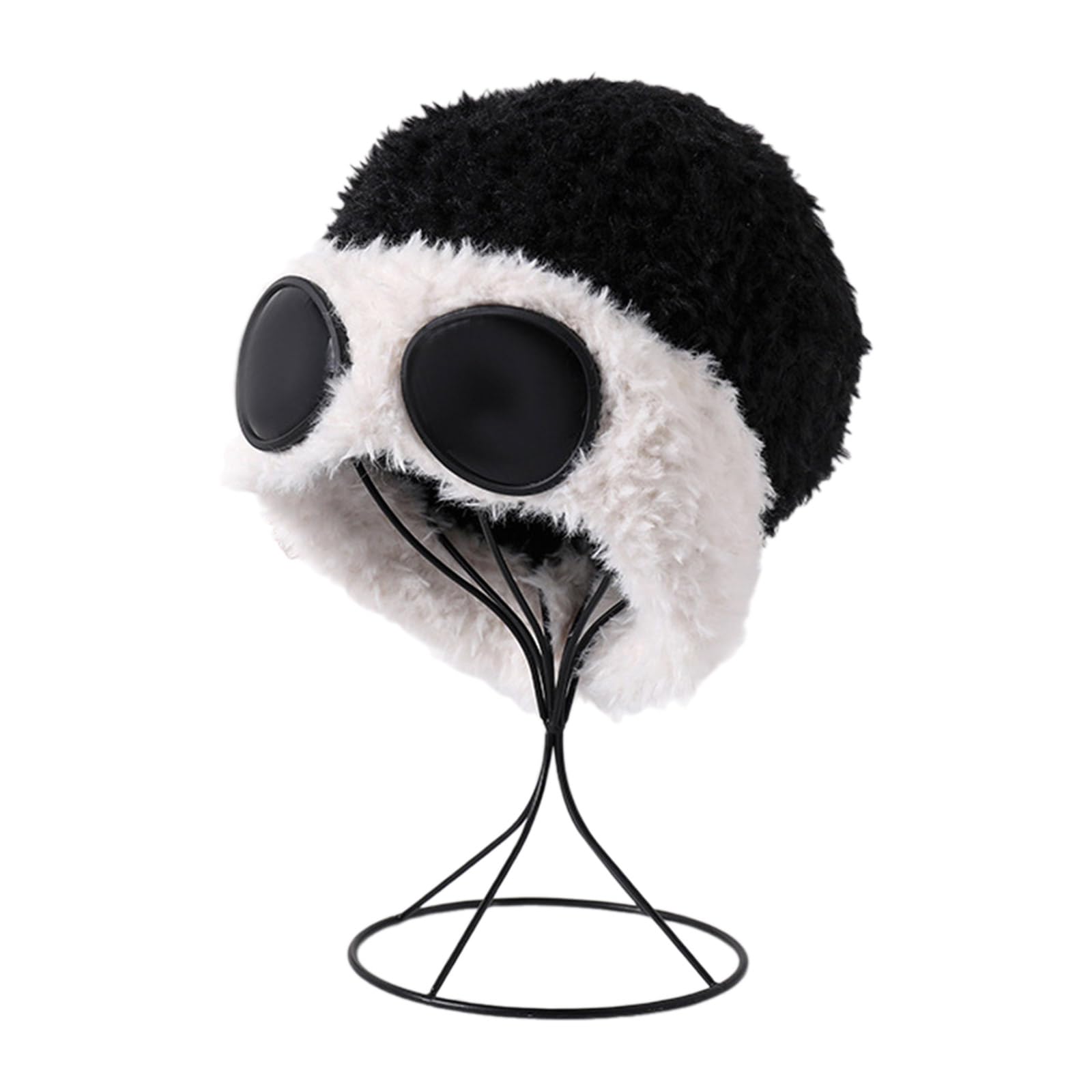 Elastic with Goggles Plush Ear Muff Hat Women Windproof Earflap Hat for Outdoor Activity Skiing Hat White Black