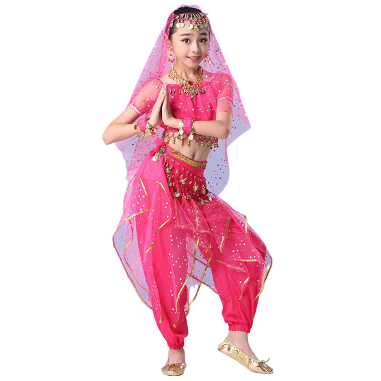 Dziewczęce indyjskie kostiumy do tańca brzucha, dzieci Cosplay Bollywood Halloween karnawałowy strój taneczny, zestaw 7 sztuk