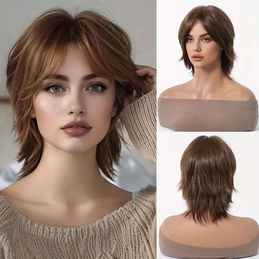 Haarpflege Braune Kurze Perücke 30,5 Cm Natürliche Geschichtete Perücke Mit Pony Tägliche Party Kunsthaar Für Frauen Perücken Hitzebeständig(10)