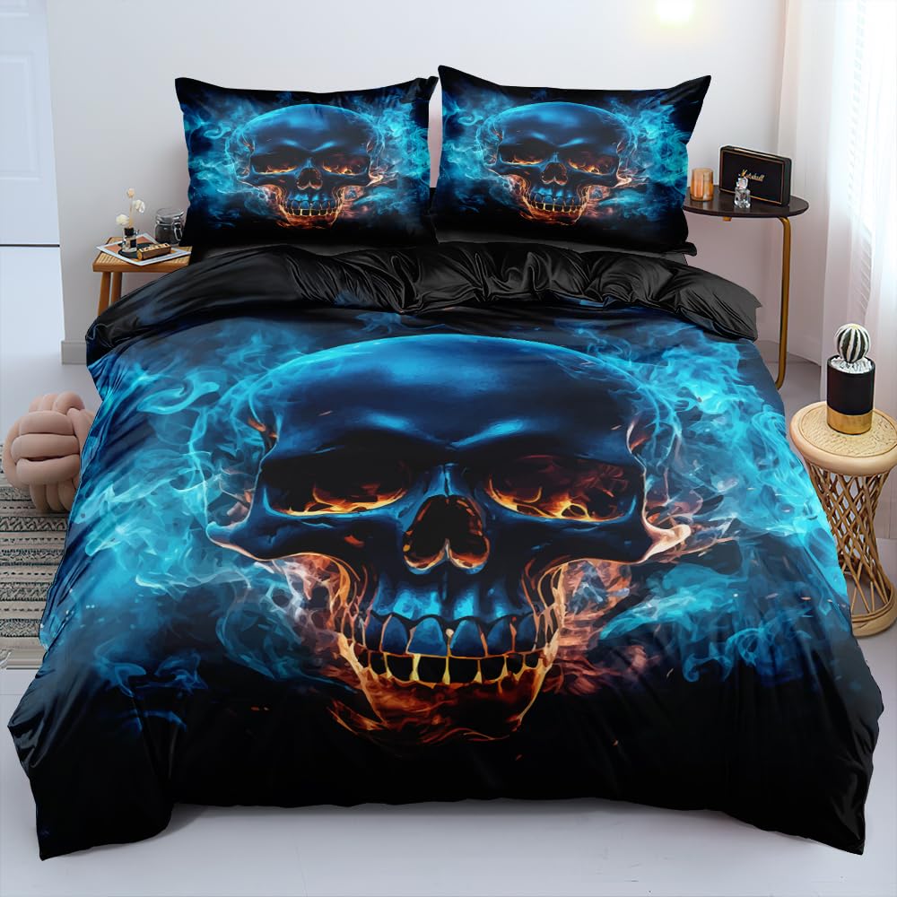 Holiyjog Blue Color Skull Duvet Cover Set King Size Gothic Comforter Cover with 2 Pillowcases Horror Bedding Set Goth Bed Set for Boys Bedroom