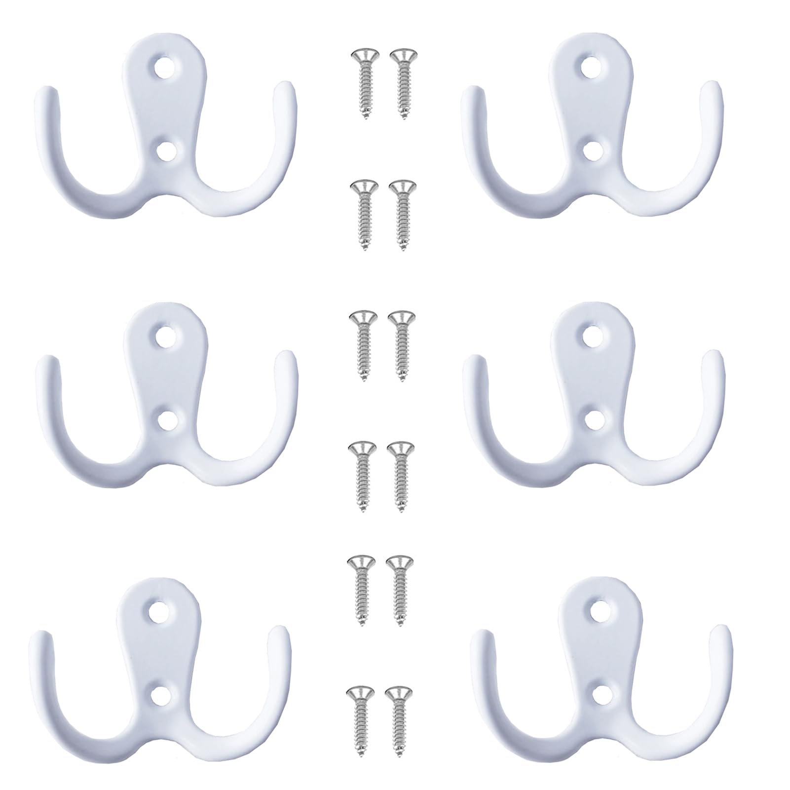 Yesmin White 6 Pcs Double Prong Robe Hooks, Dual Coat Hooks Wall Mounted Hanging Clothes For Bathroom Bedroom Door Wall Retro Metal Cloth Hanger Double Coat Hooks With 8 Screws