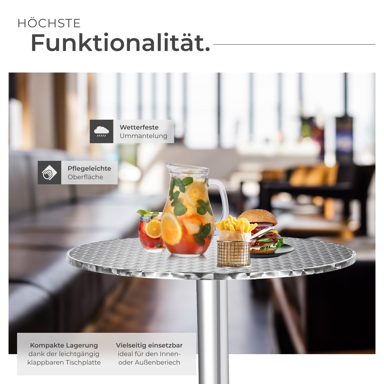 tectake® 2in1 Stehtisch klappbar Ø 60cm, Bistrotisch, Balkontisch klappbar, Bartisch aus Aluminium, höhenverstellbarer Tisch 75cm / 115cm, Partytisch