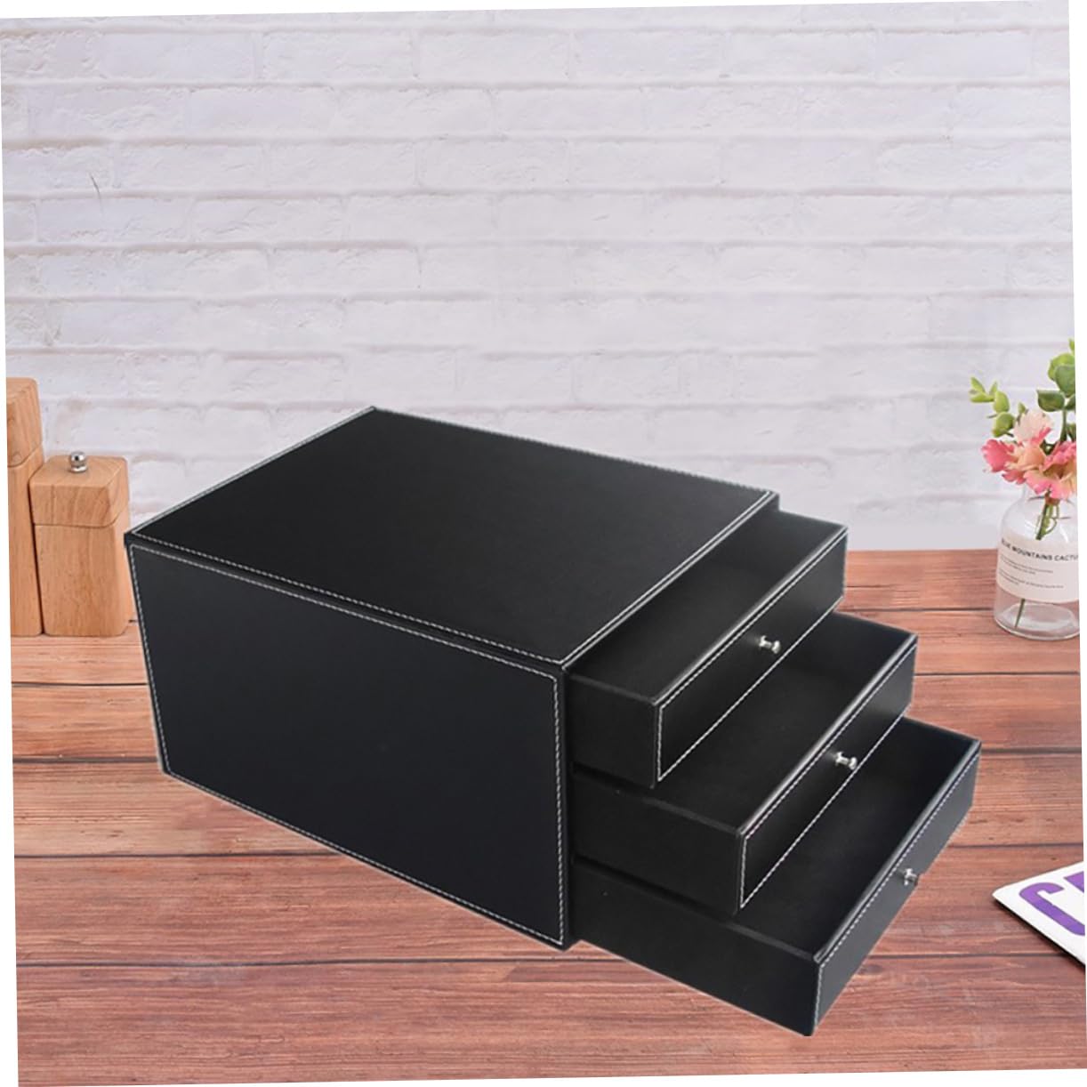 NUOBESTY Caja de Archivos de Escritorio A4 de Cuero Tres Cajones | Negro, Madera y Pu, 1 Pieza, Uso en Oficina y Dormitorio, Extracción Suave y Acceso Fácil