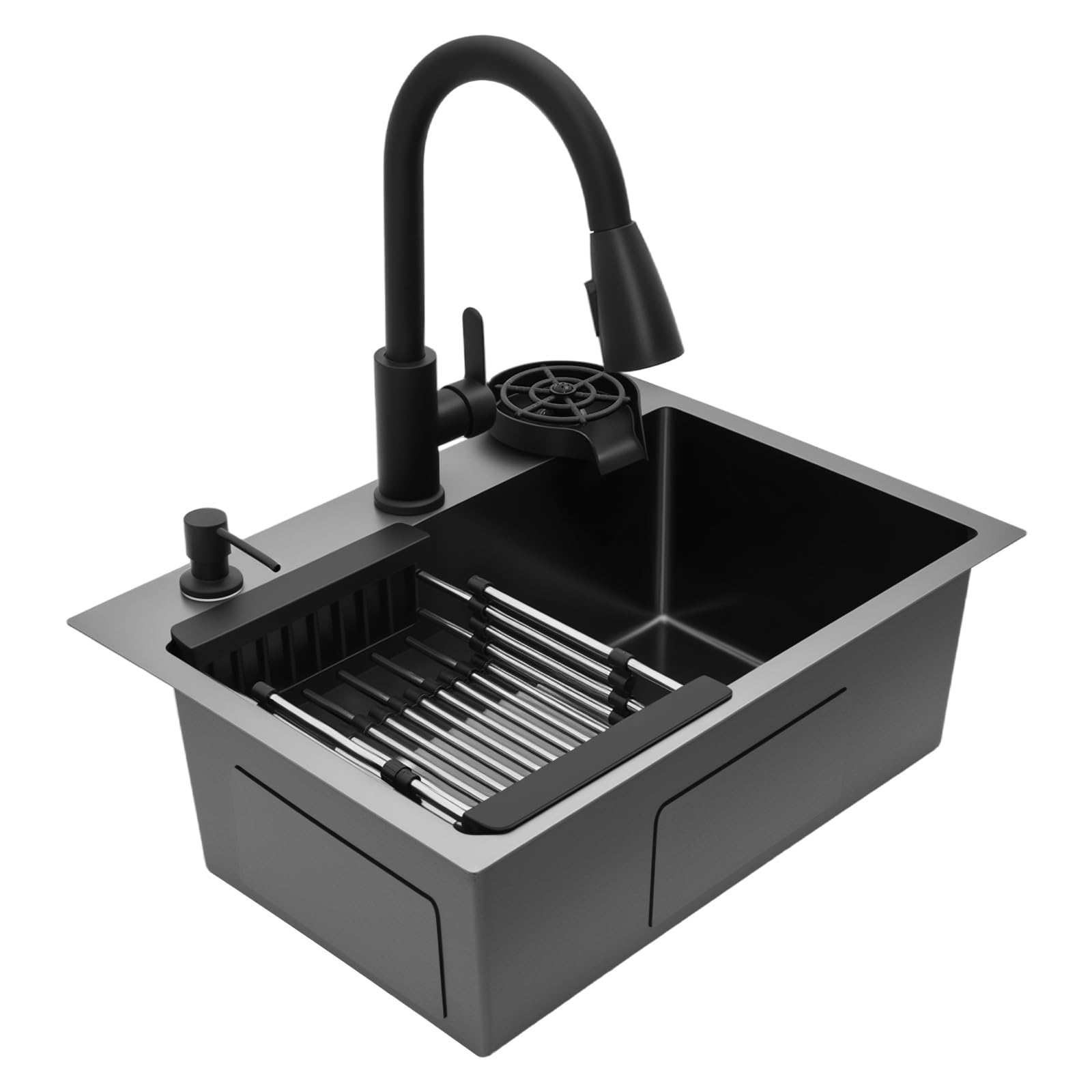 Lavello nero da incasso, 55 x 40 cm, con rubinetto estraibile, lavello, dispenser per sapone, cestino di scarico (nero)