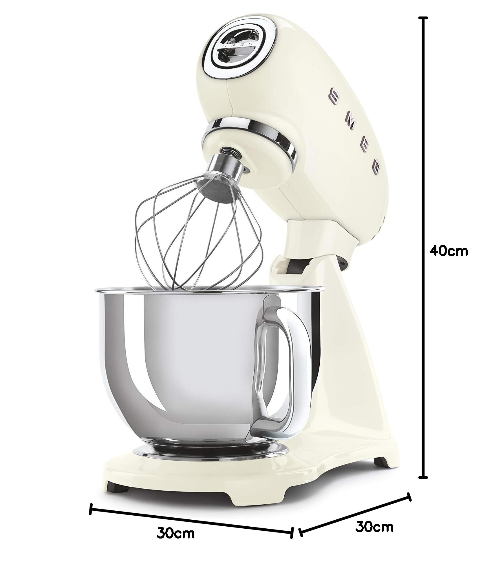 Smeg, Robot Pâtissier SMF03CREU, 10 Niveaux de Vitesse, Fonction Mise en Marche Progressive, Bol 4,8 L, Verrouillage Moteur de Sécurité, 3 Batteurs, Crochet et Couvercle Fournis, 800W, Crème