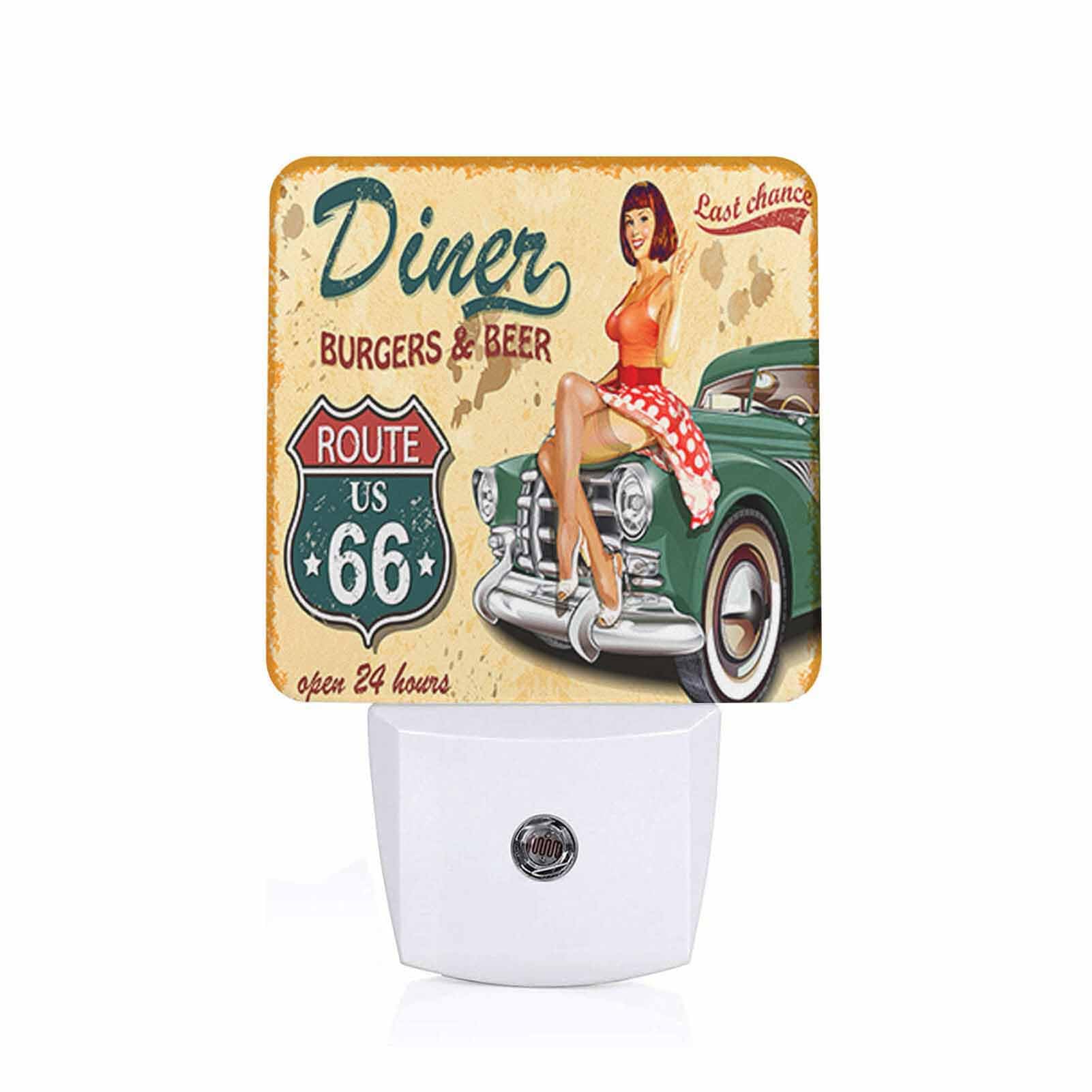 LED Night Light,Diner Route 66 Vintage Girl Red Skirt LED Night Light Plug into Wall with Dusk to Dawn Light Sensor White Energy Efficient Nightlight for Bedroom Bathroom Hallway Living Room Kitchen