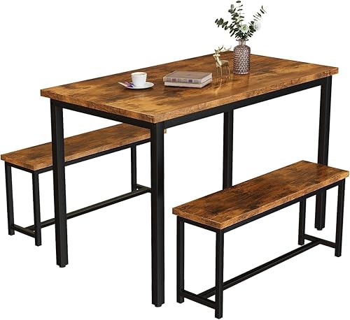 Miniatura 2 de Recaceik Juego de mesa de comedor de 47 pulgadas para 4, mesa de cocina de 3 piezas con 2 bancos, juego de mesa y sillas de cocina de madera, juego