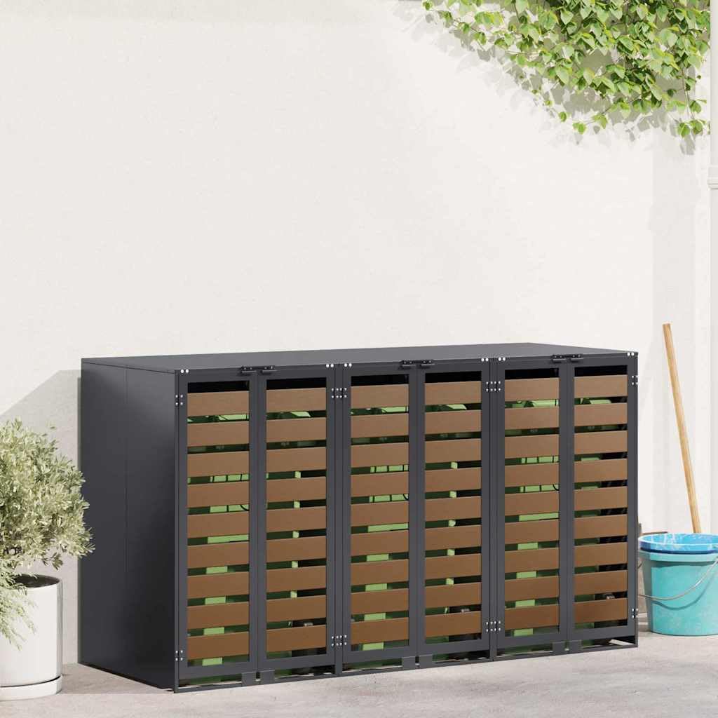 ACAGALA Copribidone per Spazzatura per 3 Bidoni 120 e 240L con Coperchio, Antracite, Acciaio Inox Resistente alle Intemperie & Porta con Superficie in Legno, 2 Ante e Design Espandibile, 65x73x113 cm