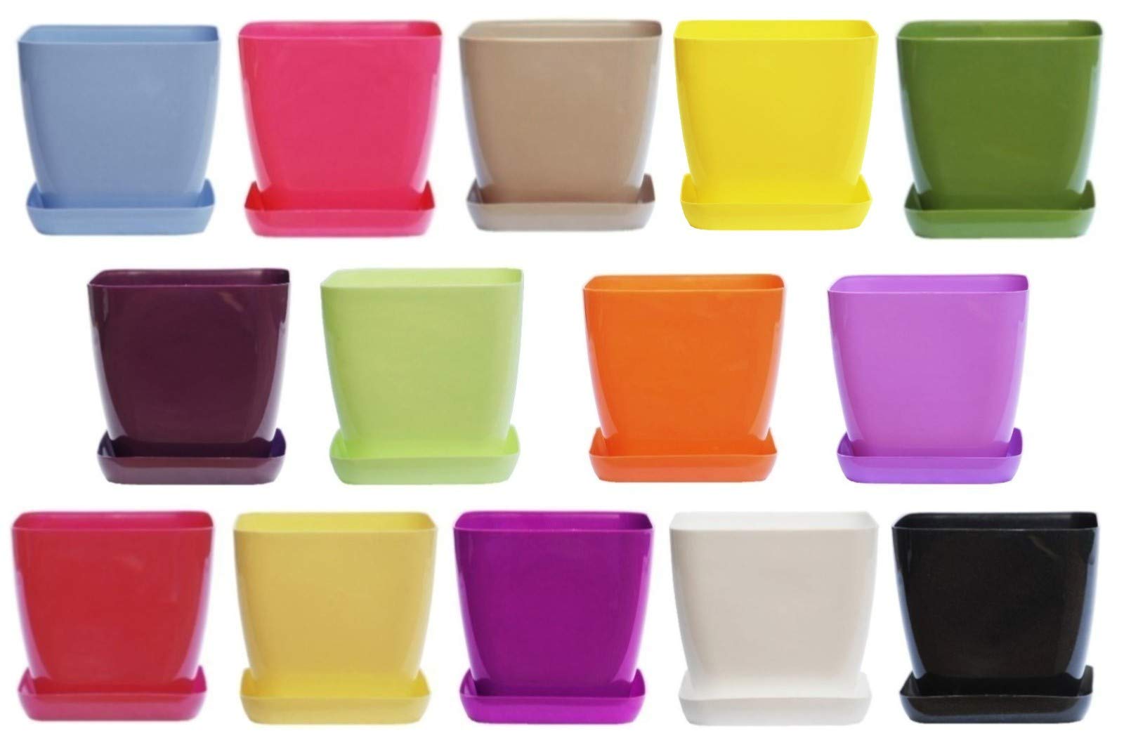 Plastic Plant Pots Modern Flower 16 Colours Decor Square Gloss Orchid Saucer (Olive, 12 cm x 12 cm)