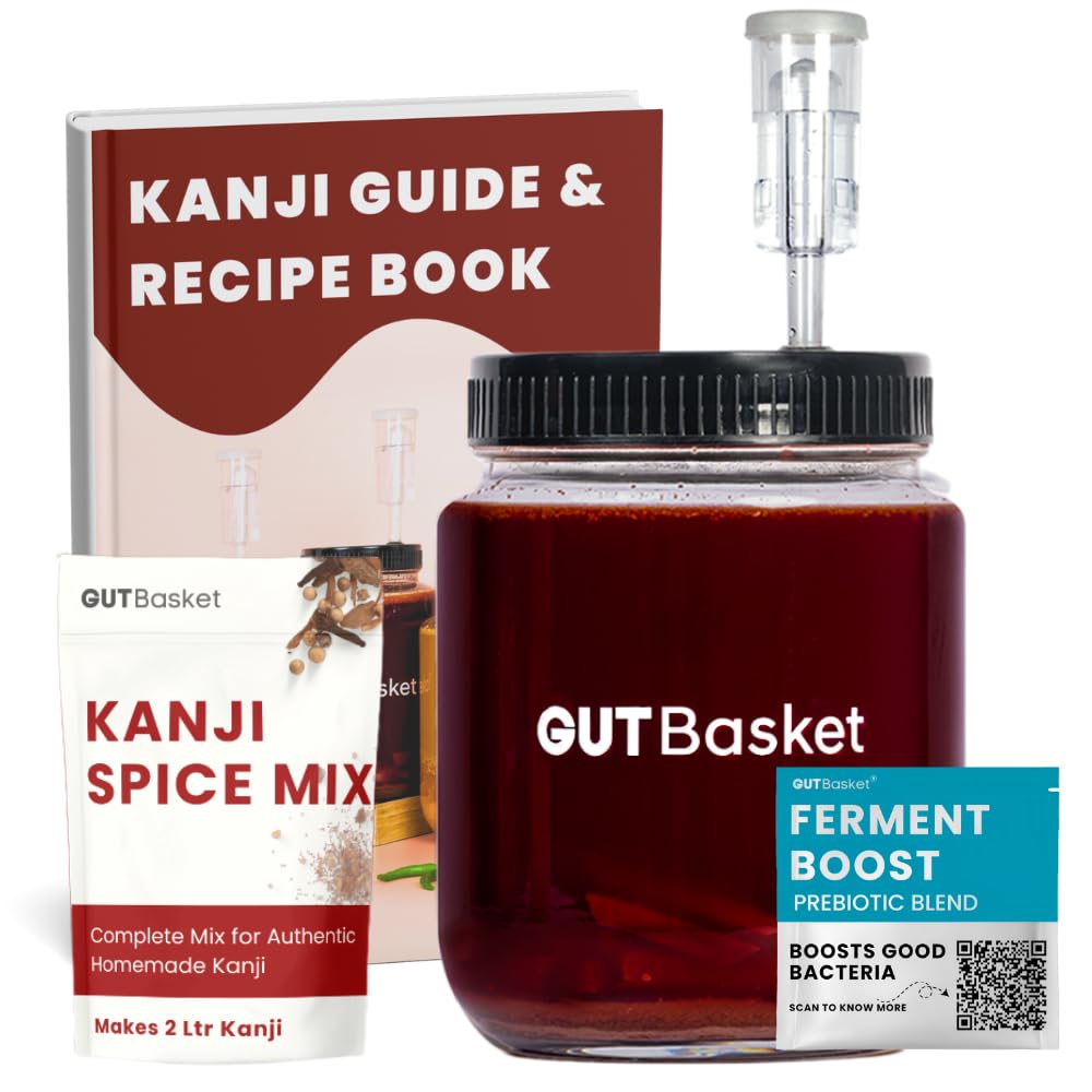 Gutbasket Kanji Jar Kit | Glass Jar for Kanji 1L with Airlock, Kanji Jar Lid, Recipe Book, Sea Salt & Kanji Spice Mix | Perfect for Kanji Drink & Gut Health, Transparent