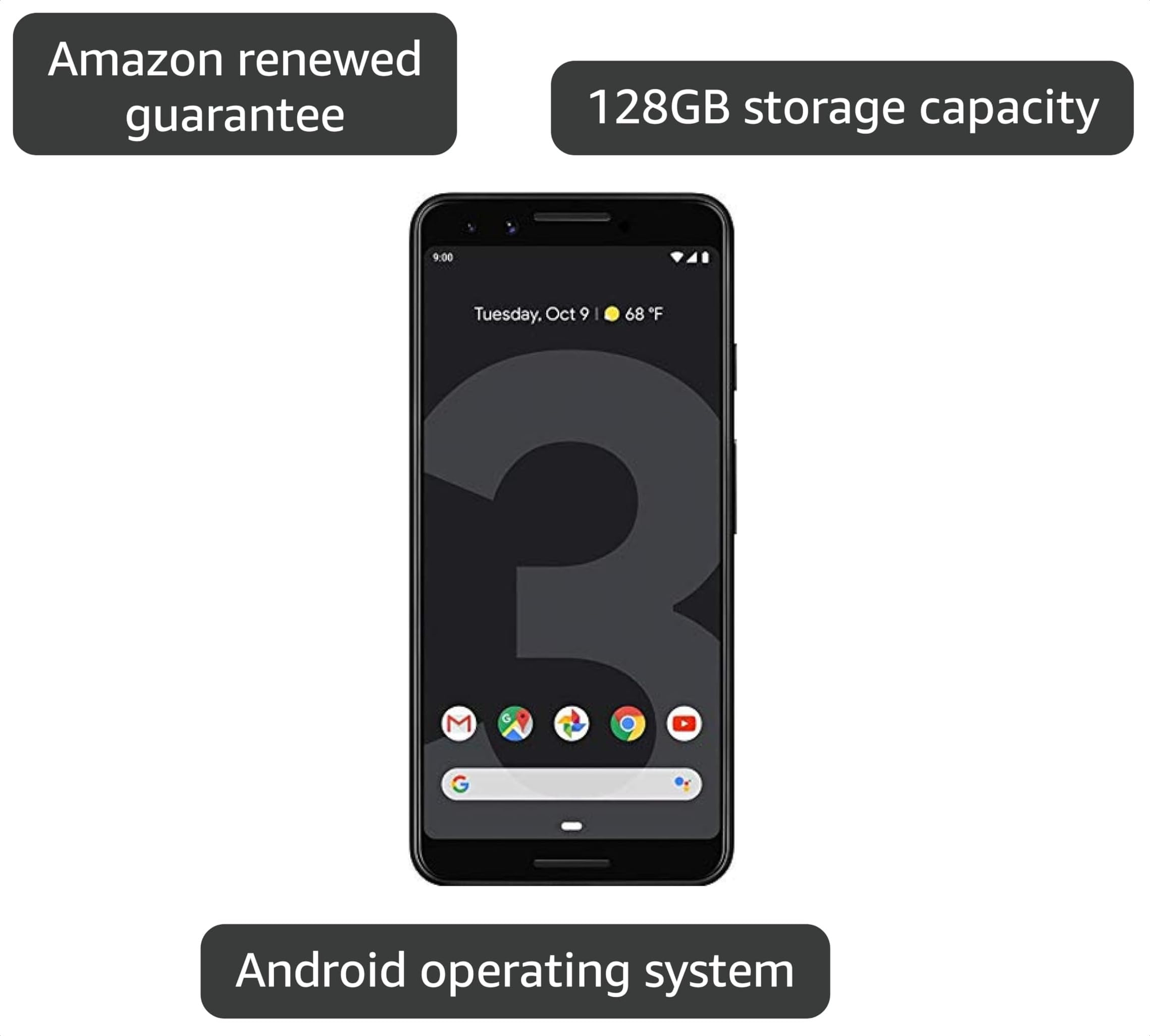 Amazon.com: Pixel Phone 3-128GB - US Warranty - Just Black