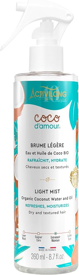 Brume Coco D’Amour ACTIVILONG – Cheveux Texturés – Hydratation sans rinçage – Coco Gingembre – 98% Ingrédients Naturels – Made in France – 260ml Brume Coco D’Amour ACTIVILONG – Cheveux Texturés – Hydratation sans rinçage – Coco Gingembre – 98% Ingrédients Naturels – Made in France – 260ml