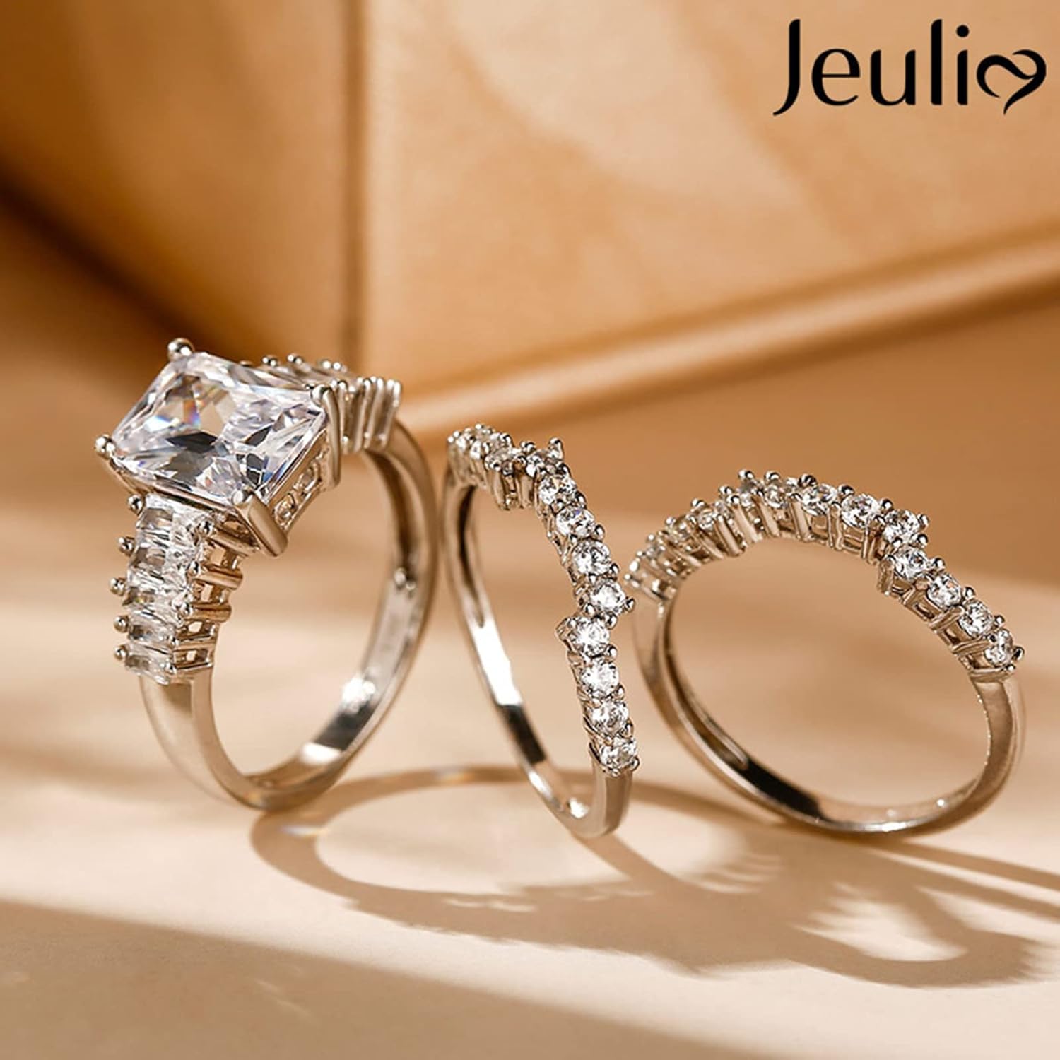 Jeulia 3-Piece Wedding Ring Set - 5.2ct Radiant Cut Engagement Ring & Eternity Bands in Sterling Silver with Cubic Zirconia Diamonds - Image 6