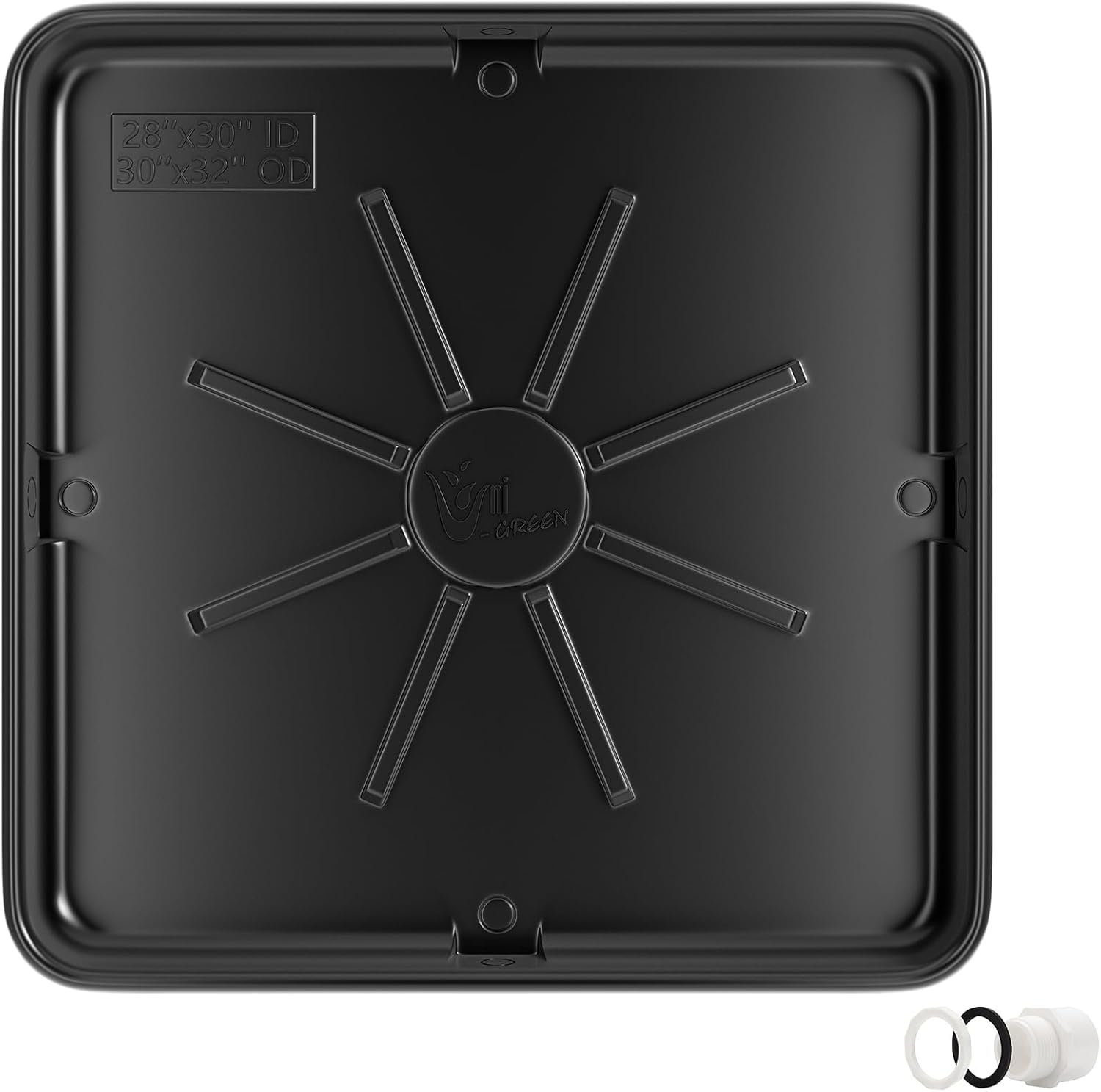 30x32inch Washing Machine Drain Pan, with Raised Edge, Features a Heavy Durable Plastic, Floor Protector - Protects Floors from Leaksf, with 1" Drain Fittings, Black