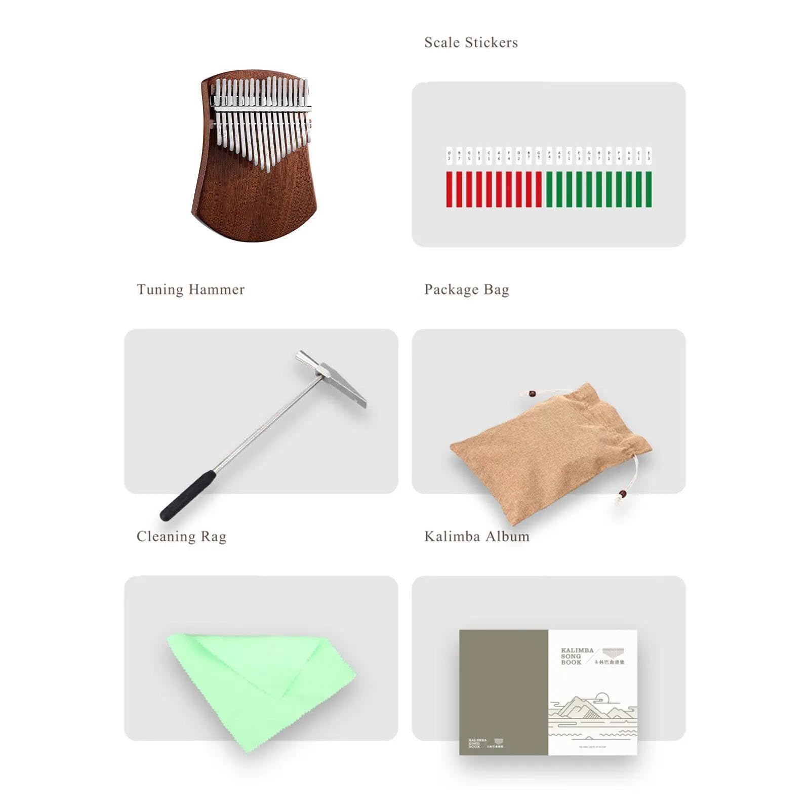 17 Klawiszy Kalimba Finger Piano Z Litego Drewna Kalimba Z Młotkiem Do Strojenia Torba Jutowa Ściereczka Do Wycierania Skala Naklejka Angielska Partytura Fortepian Profesjonalny Instrument(Style 1)