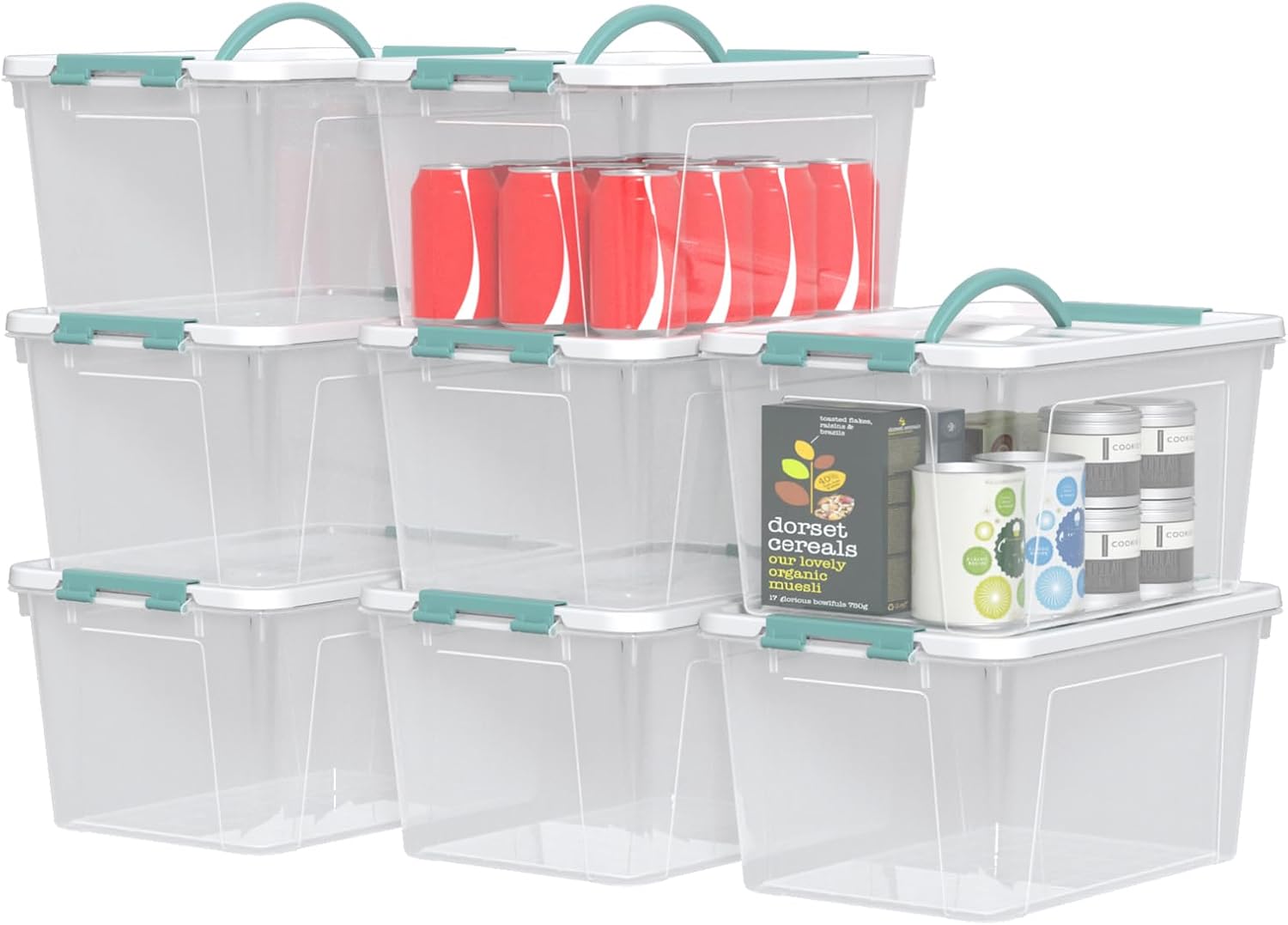 8 Packs 14 Quarts Latching Containers with Handles, Please Clear Storage Boxes Totes