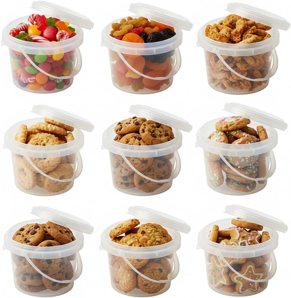 NUOBESTY 10 PCS Food Storage Containers, 10oz Mini Clear Plastic Buckets with Lids and Handles, Airtight Small Storage Pails for Kitchen Organization, Snack, Candy, Yogurt and Pantry Fridge Bins