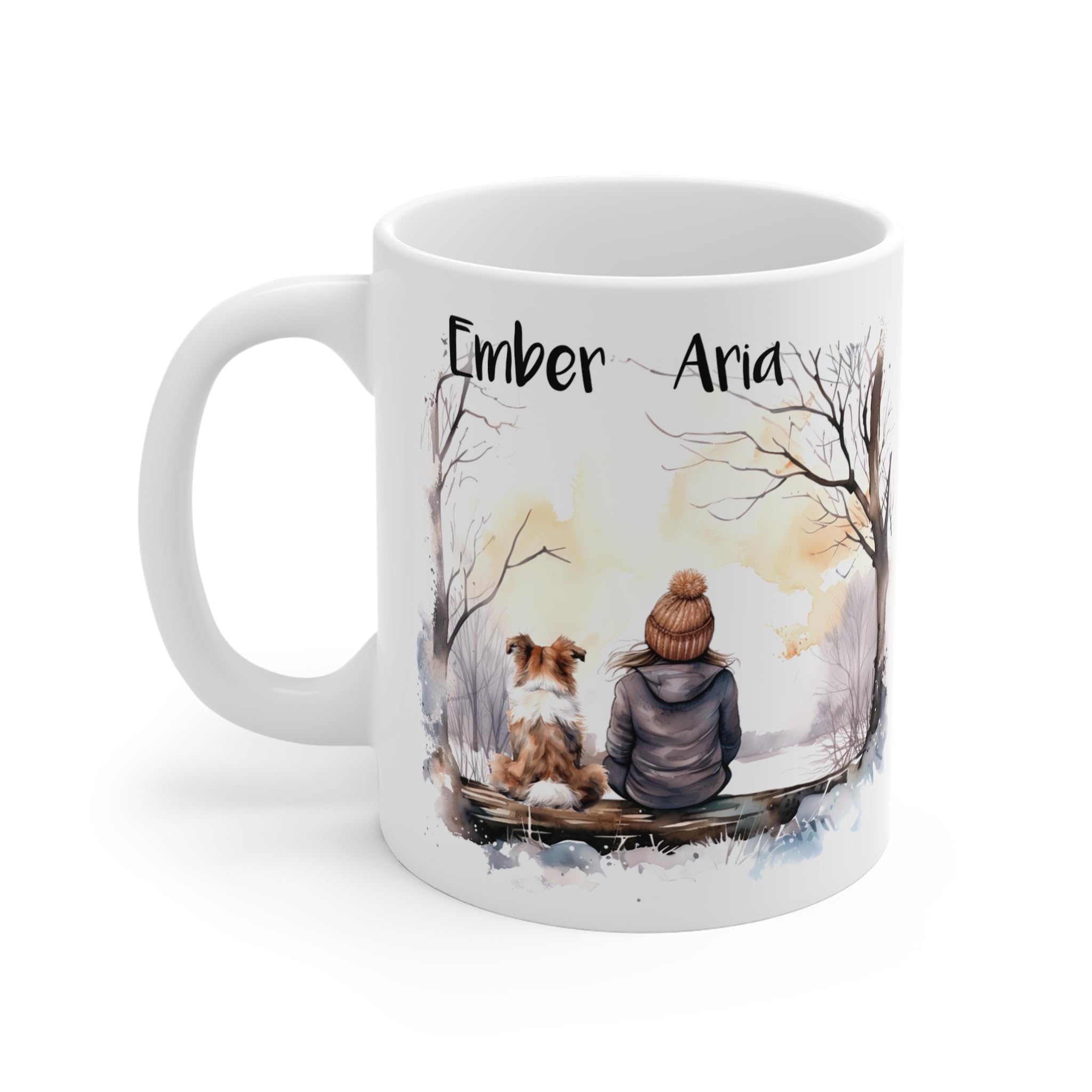 Engravables Personalised 11oz Ceramic Dog Mum Mug, Custom Woman and Dog Name Coffee Cup with Breed Design and Back Message, Gift for Dog Lover