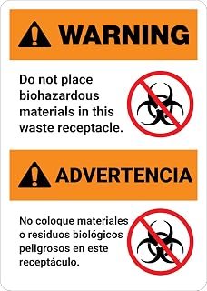 Warning: Do Not Place Biohazardous Materials in Waste Receptacle Bilingual Spanish - Portrait Wall Sign Healthcare 12"x16" Metal Sign Danger Warning Man Cave Yard Indoor Or Outdoor