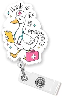 Honk If It's an Emergency Badge Reel 2 Inches Funny Nurse Goose, Doctor, Medical, Emergency Department Retractable Alligator Clip/Belt Clip, Acrylic Material, Badge Holders Lanyard ID Cards Holder
