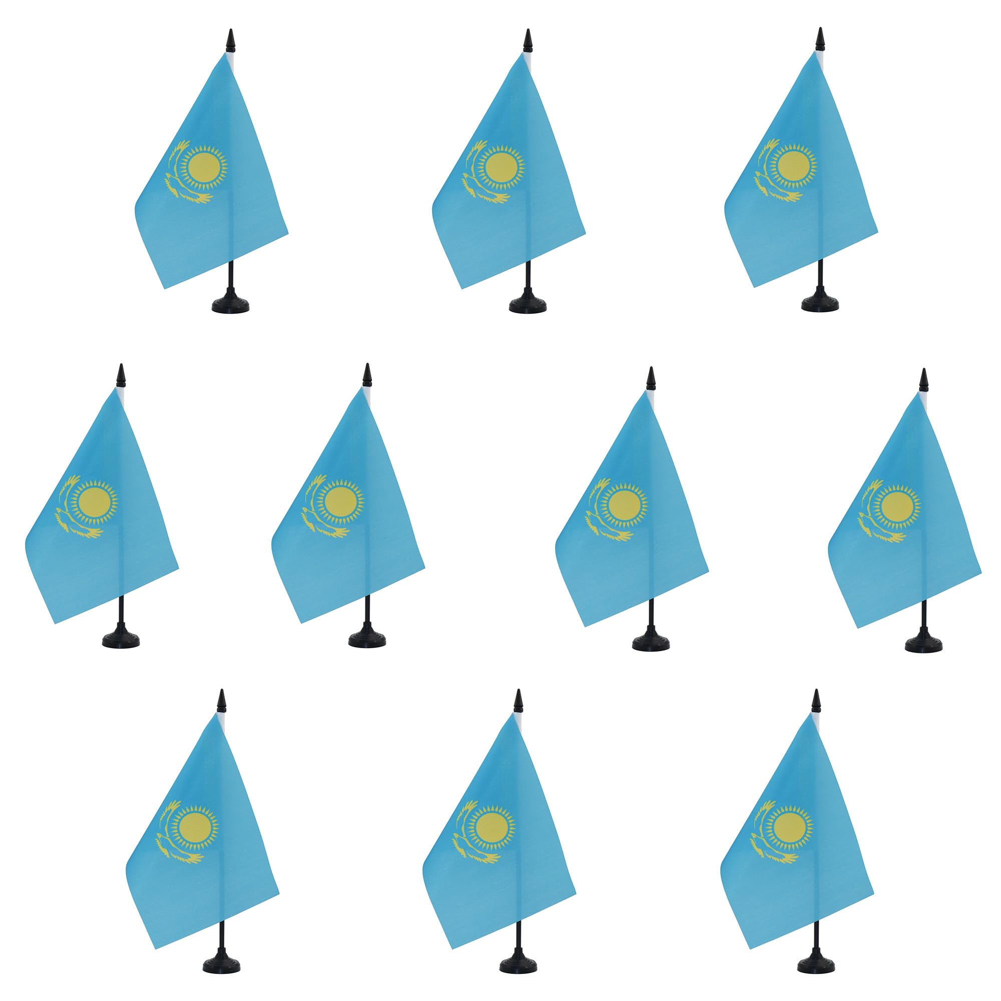 AZ FLAG - Set of 10 Kazakhstan Table Flag 5'' x 8'' - 10 Small Kazakh Office Flags 100% Polyester 21 x 14 cm - Mini Desk Flag with 10'' Pole and Black Plastic Base