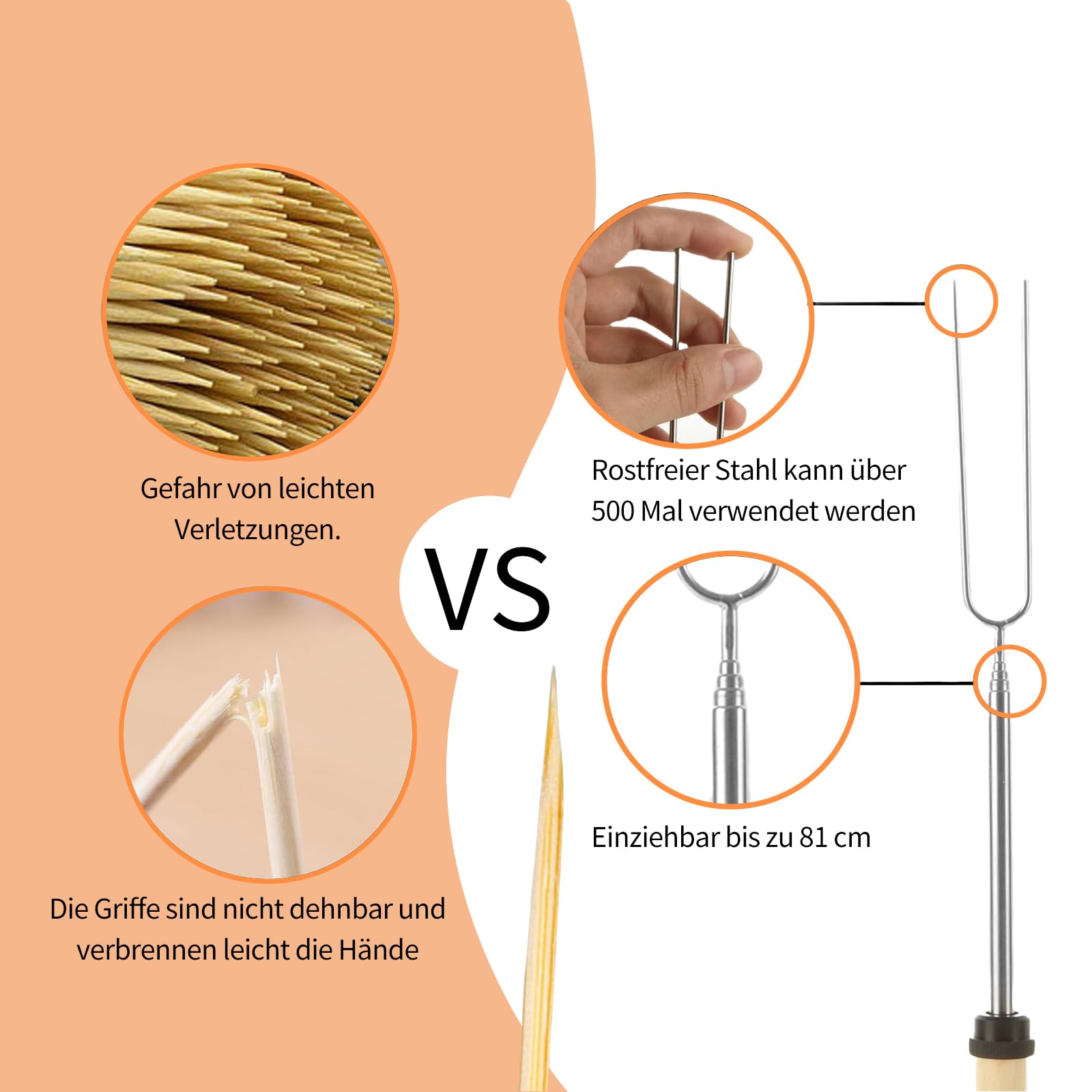 Teleskopowe Szaszłyki do Grilla, Pianki do Pieczenia Chleba i Opiekania Pieczywa ze Stali Nierdzewnej, 8 Sztuk, Regulowane od 31 do 81 cm, na Kemping i Imprezę w Ogrodzie