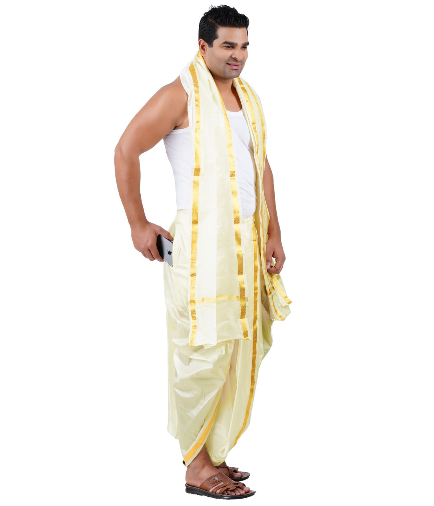 Mens Silk (Ready to wear) Panjakejam Dhoti & Towel Set with Pocket (50K)-image-28