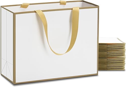 Bolsas de regalo blancas de tamaño mediano, 10 unidades, 10.5 x 4.25 x 8 pulgadas, bolsas de regalo blancas con asas de cinta, elegantes bolsas de
