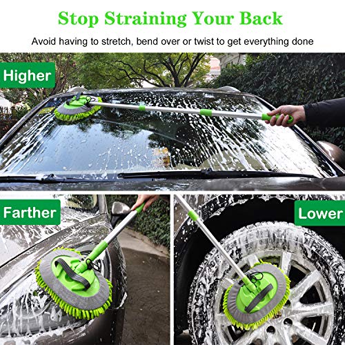 CARCAREZ Car Wash Brush Kit with 42.5\" Aluminum Alloy Long Handle, 3 in 1 Car Cleaning Mop, Chenille Microfiber Mitt Set, Glass Scrubber Vehicle Cleaner Kit, Green - Thumbnail 3