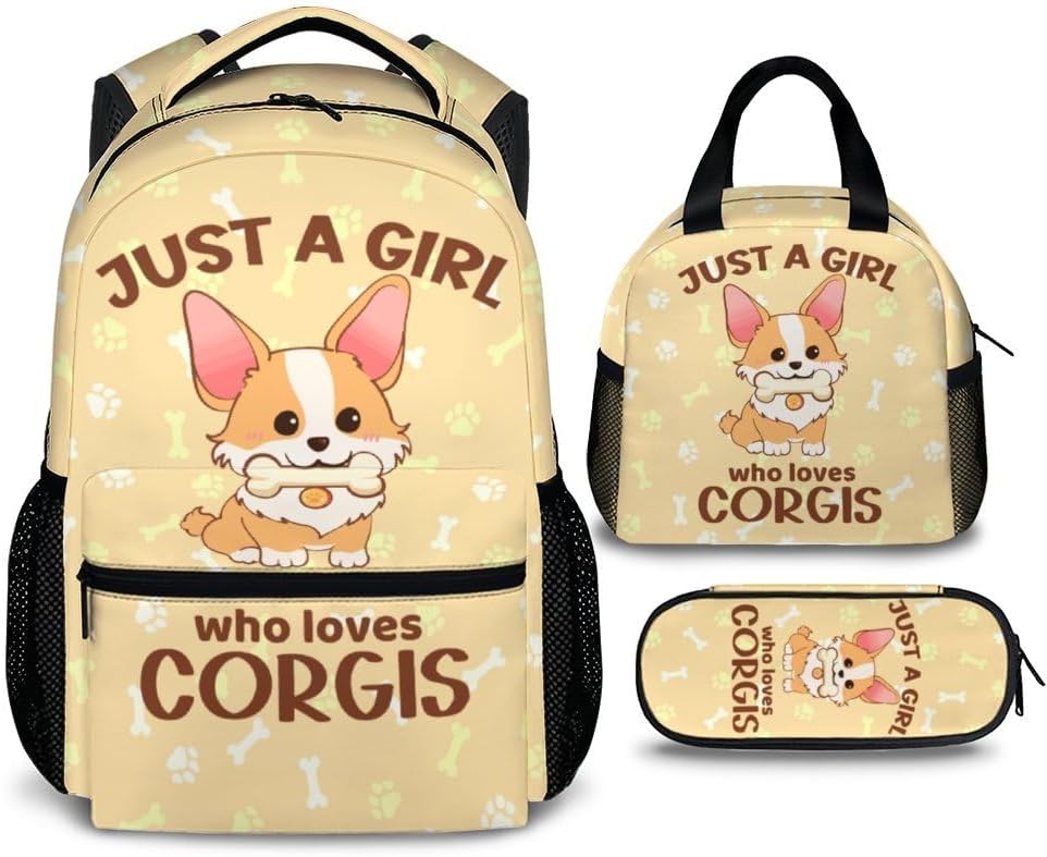 Corgi Backpack for Kids Girls, 17" Cute Backpack for School, Large Capacity Lightweight Pink Bookbag for Students Age 6-8