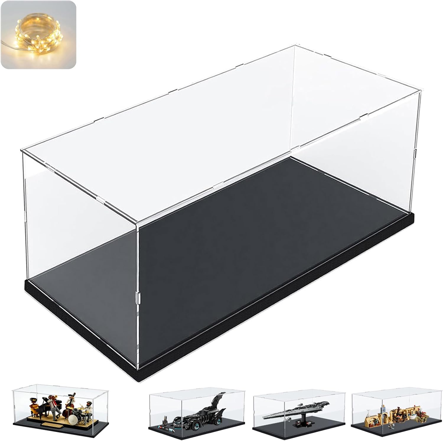 Thickened 3MM Clear Acrylic Display Case for Lego 76304 Batman Forever Batmobile 75425 75356 21334 75399 Collectibles, Transparent Box with Wood-Plastic Base & Light, Black Inside 19.7x7.9x7.9 inch