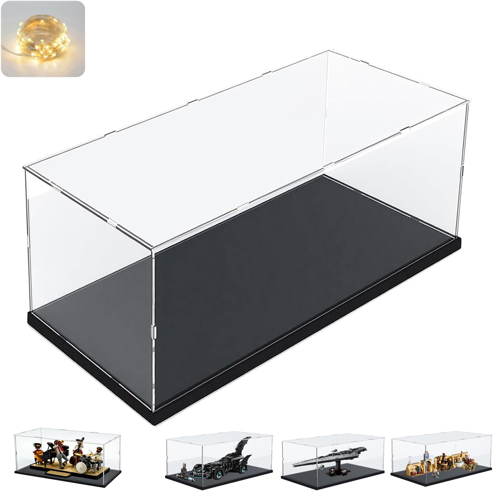 Thickened Clear Acrylic Display Case with Wood-Plastic Base for Lego Toys Collectibles Figures Transparent Box Protection, Black 17.7x7.9x7.9in