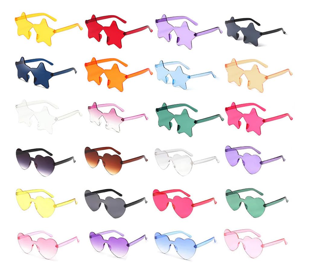 Kellegour 24 Pcs Gafas de Sol con Forma de Corazón,Gafas de Fiesta,Gafas de Estrellas,Corazón Gafas,Gafas de Sol Transparentes Color,Estrella/en Forma de Corazón,para Navidad,Fiesta,Aniversario