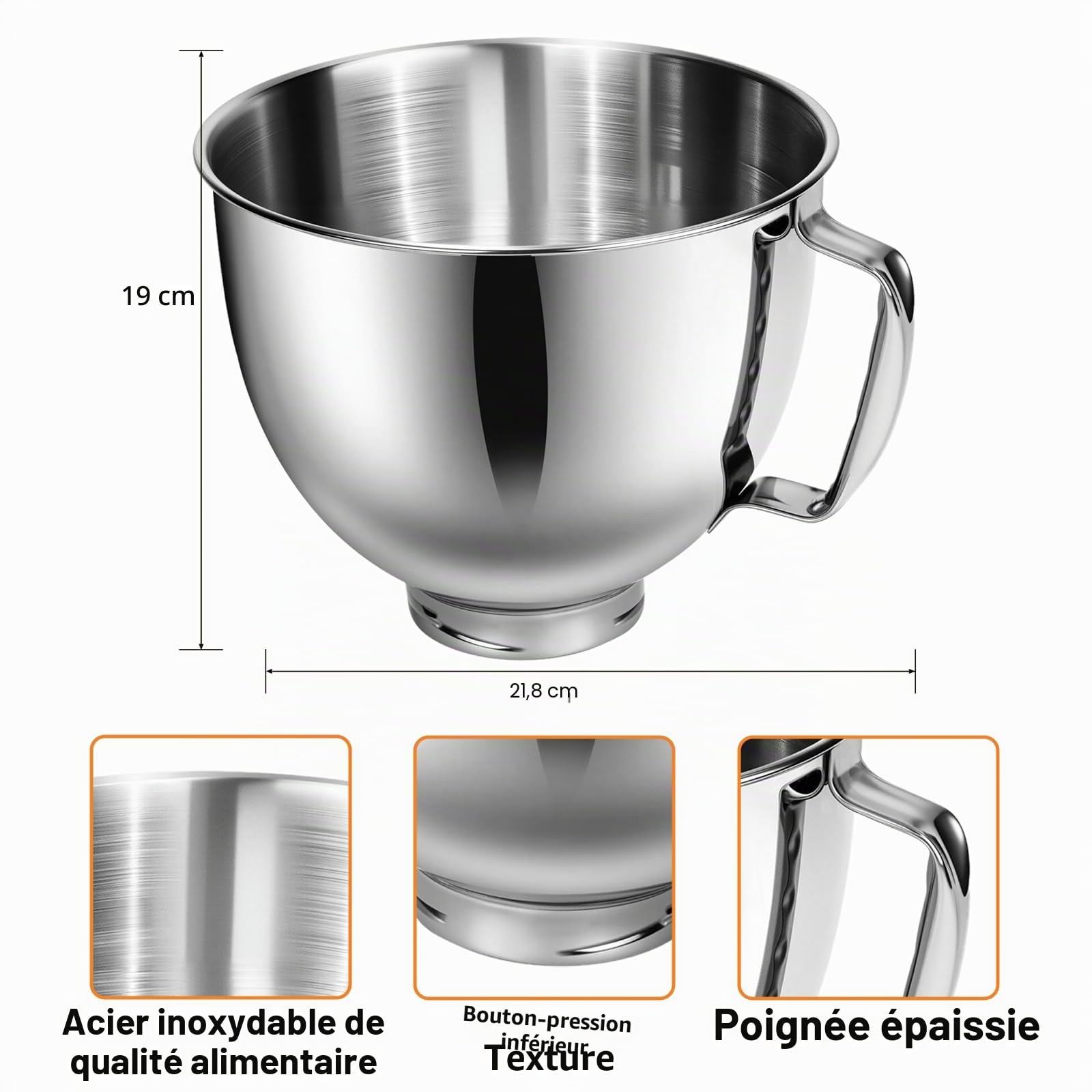 Bol mélangeur en acier inoxydable compatible avec les batteurs sur socle Kitchen Aid de 4,5 et 5 litres