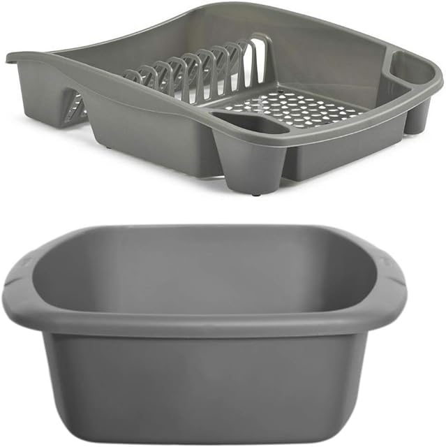 Plastic Small Washing up Bowl and Small Dish Drainer Rack Kitchen Plate Holder Set of 2 (Silver)