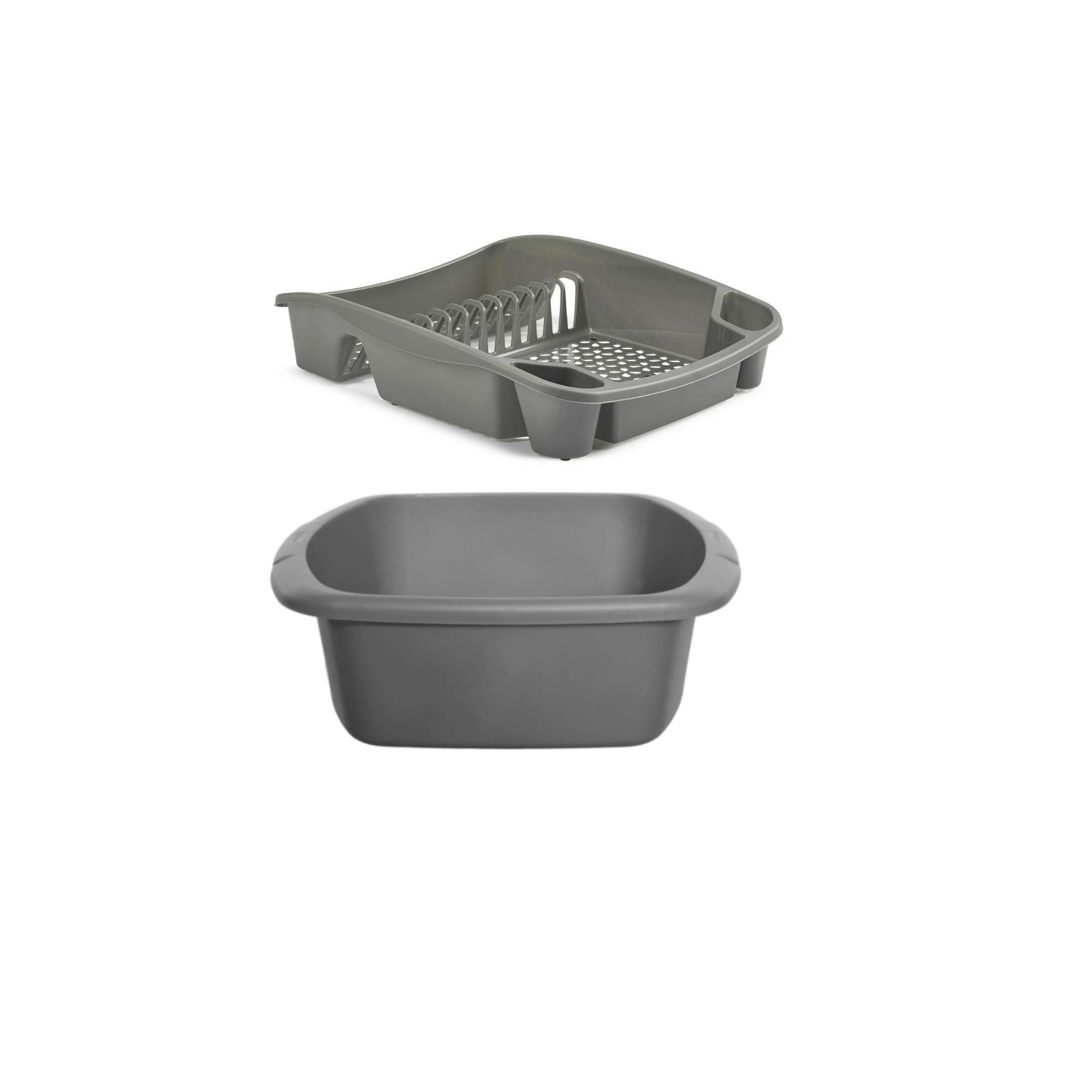 Galleries Plastic Large Washing up Bowl and Dish Drainer Rack Kitchen Plate Holder Set of 2 (Silver)