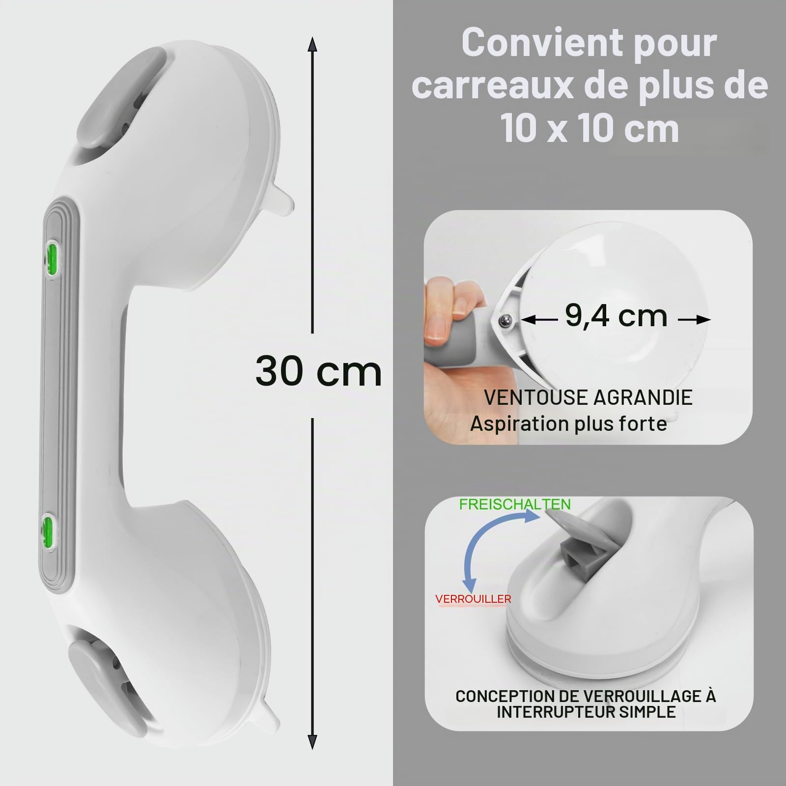 Newthinking Poignée Ventouse et Sécurité Salle de Bain, 30 cm, 2 pièces | Barre d'appui douche ventouse, antidérapant, indicateur succion, Barre WC, pour personnes âgées, handicapés, enfants