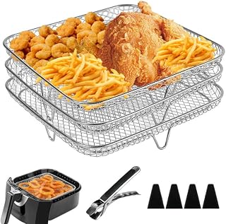 Air Fryer Rack: 3 Pcs Square Air Frying Pan with 4 Silicone Feet, 1 Tweezers, Stackable Air Fryer Shelf 304 Stainless Steel for Airfryer Accessories, Square Hot Air Fryer