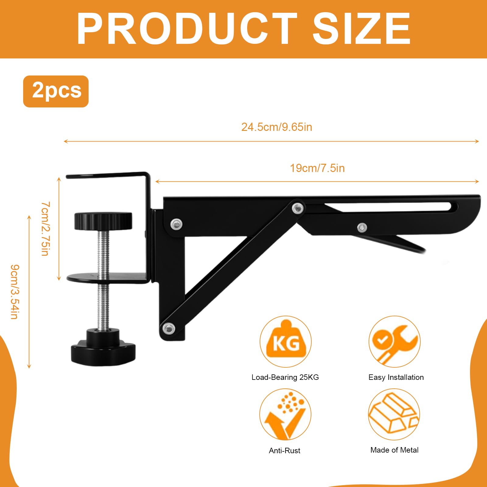 2 Piezas Extensión de Escritorio Plegable con Abrazadera, Ampliación de Mesa sin Taladrar, Bandeja para Teclado Abatible para Tableros de 1-5 cm, Soporte Extensible para Oficina, Teletrabajo y Gaming