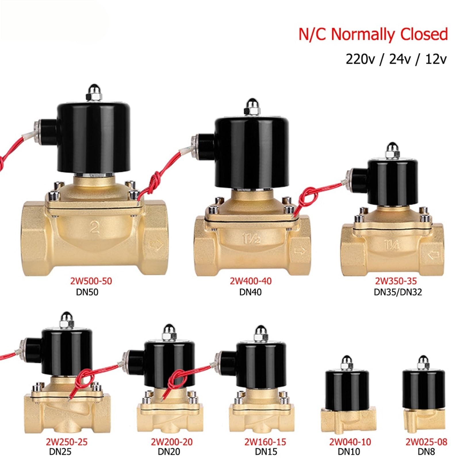 Electroválvula neumática de 1/4", 3/8", 1/2", 3/4" y 1", DN8/10/15/20/25/50, Normalmente Cerrada, for Agua, Aceite y Aire, 12 V, 24 V y 220 V(Dn8,12V)