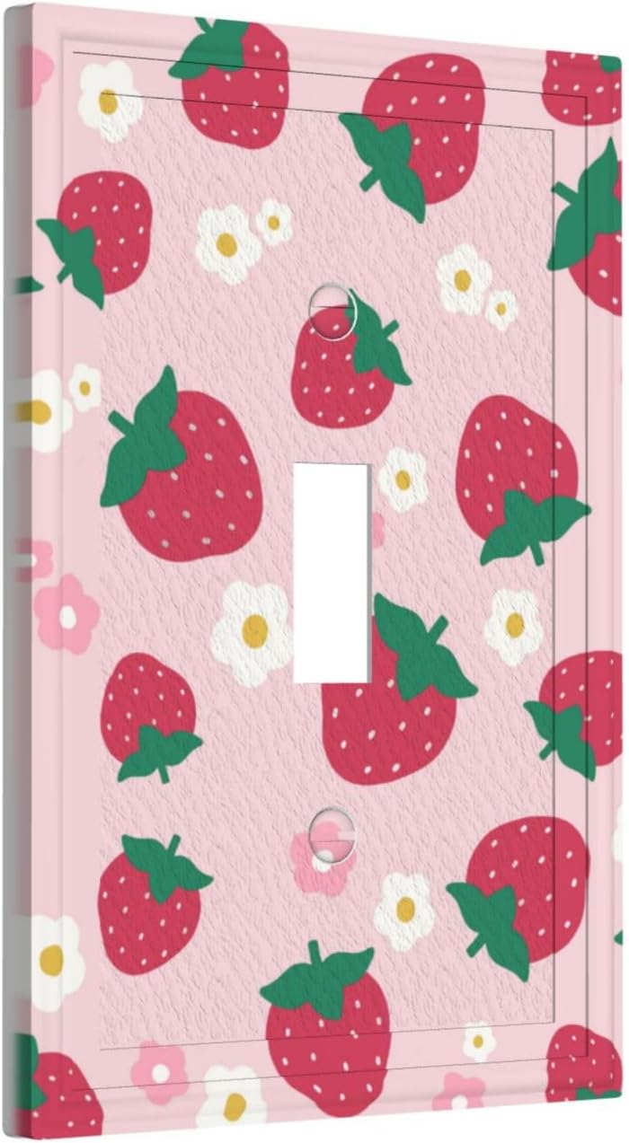 Pink Strawberry Floral Light Switch Cover 1 Gang Single Toggle Fruit Wall Plate Decorative Switchplate Receptacle Faceplate for Bathroom Kitchen Girls Bedroom