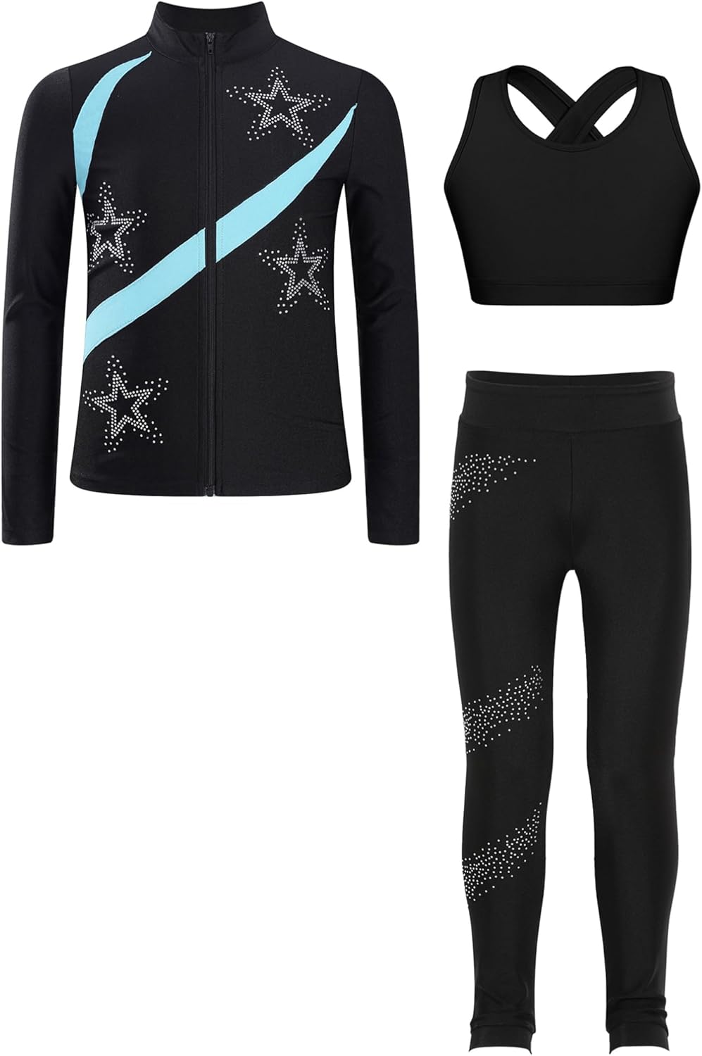 Agoky Girls 3 Piece Ice Skating Outfit Kids Figure Skating Jacket Sweatshirt with Active Vest and Leggings Pants