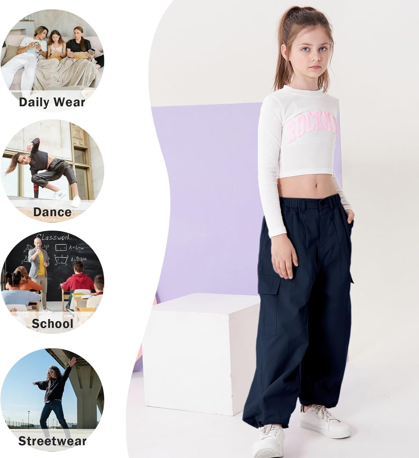 Rolanko Girls Cargo Pants Wide Leg Streetwear Kids Pants with Pockets Trendy Jogger Trousers 4-14 Years - Image 6