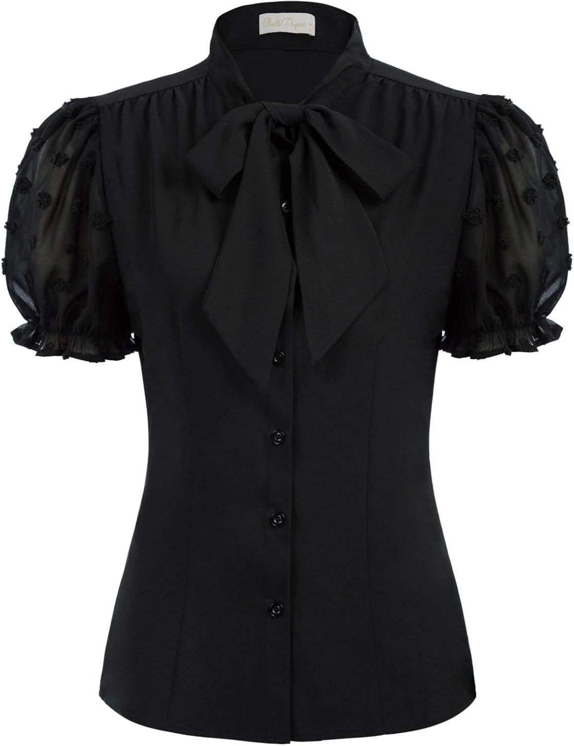 Belle Poque Summer Short Sleeve Office Button Down Blouse Vintage Business Casual Shirts Tops with Bow Tie