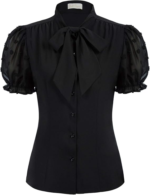 50s Shirts & Tops | 1950s Blouses & Knitwear Belle Poque Summer Short Sleeve Office Button Down Blouse Stripe Shirt Tops with Bow Tie BP573  AT vintagedancer.com