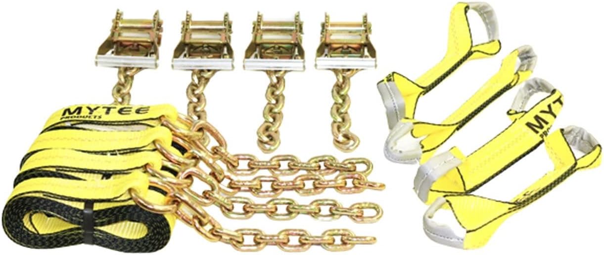 Mytee Products 8 Point Roll Back Vehicle Tie Down Kit with Chain Extension on Both Ends - 18 FT Straps, Ratchet Handles - Working Load Limit 3333 LB - Tow Truck Straps Car Hauler Tie Down System
